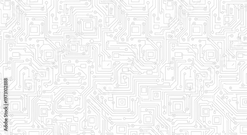 White circuit board pattern with interconnected lines and squares
