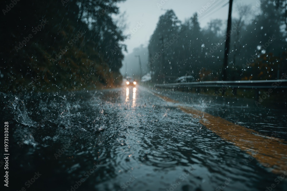 Obraz premium Heavy rain splashes on wet road surface, car headlights approach. Illustrates bad weather driving conditions, risk, or a moody journey.