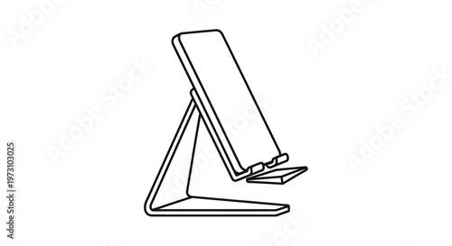 A minimalist black and white line drawing depicts a mobile phone securely positioned on a sleek angled stand for convenient viewing high quality professional