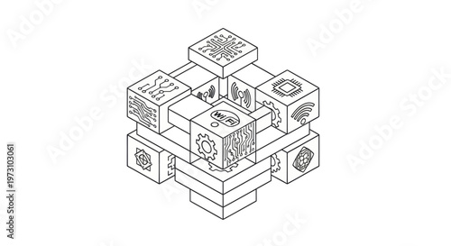 Interconnected cubes forming a structure with circuit board and wireless symbols