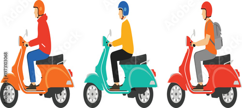 Scooter Riders Set Featuring People Driving Motor Scooter with Helmet and Backpack Urban Transportation Cartoon Style Vector Illustration Collection