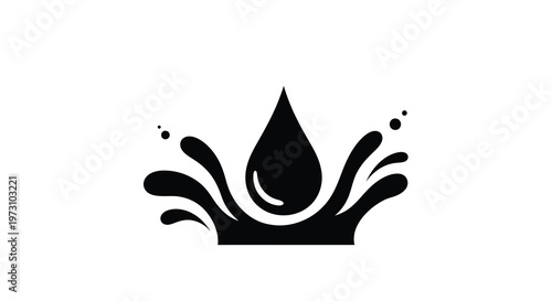 A striking black and white graphic depicts a water droplet in mid splash creating a dynamic and fluid visual representation of liquid motion