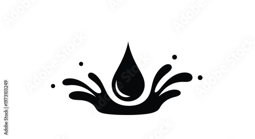 A striking black and white graphic depicts a single water droplet impacting a surface creating a splash with radiating lines and smaller droplets
