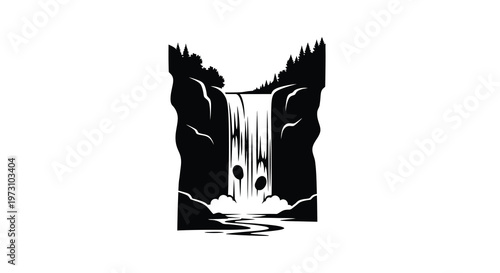 A striking black and white illustration depicts a powerful waterfall cascading down rocky cliffs into a flowing river below evoking nature s strength