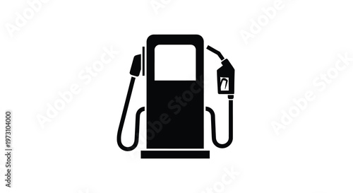 A minimalist black and white illustration depicts a gas pump commonly found at fueling stations with a hose and nozzle high quality professional detailed