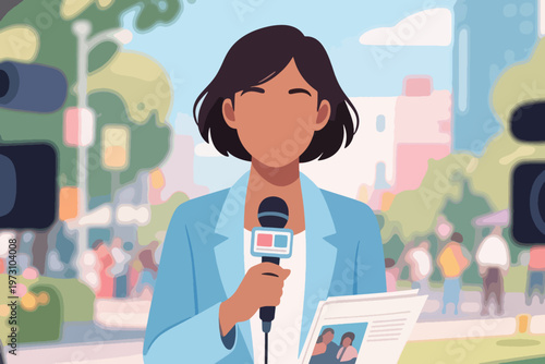 Canvastavla Reporter in suit and tie with microphone between two large video cameras, stylized vector illustration