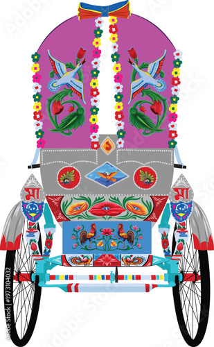 Colorful traditional Bangladeshi rickshaw vector. Iconic rickshaw art for Pohela Boishakh, South Asian culture, and travel themes. Fully editable EPS format.  Rickshaw Vector Illustration. 