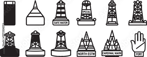 Illustration of various maritime and navigation buoys and signs Vector
