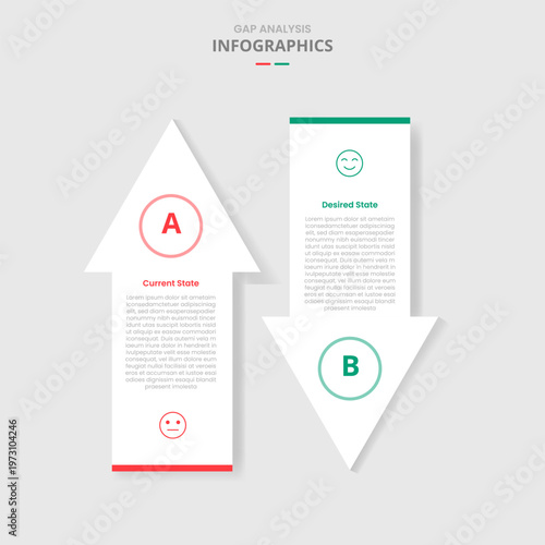 GAP analysis comparison for infographic with drop shadow style with big arrow top and bottom direction opposite two point list information