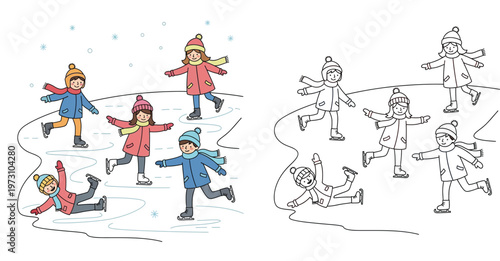 Kids ice skating winter scene illustration. Coloring page outline and colored version of children playing on a frozen rink.