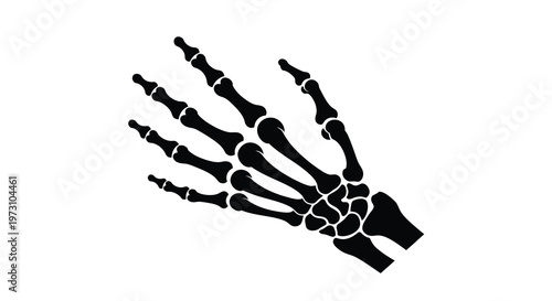 A stark black silhouette depicts a human hand skeleton showcasing each bone segment and joint with anatomical clarity high quality professional detailed modern elegant