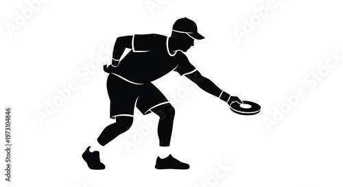 A black silhouette depicts a male athlete in mid action appearing to throw a flying disc showcasing dynamic movement and athletic form high quality