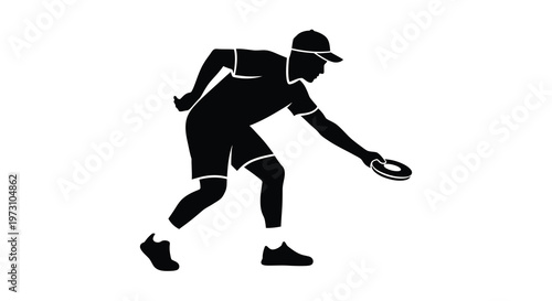 A stark black silhouette depicts a person dynamically throwing a frisbee showcasing athletic movement and a focus on active recreation high quality professional detailed
