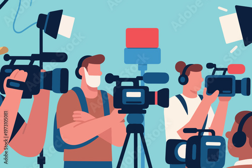 Camera crew filming with professional video cameras, operators wearing headphones and masks, studio lights, stylized vector illustration.