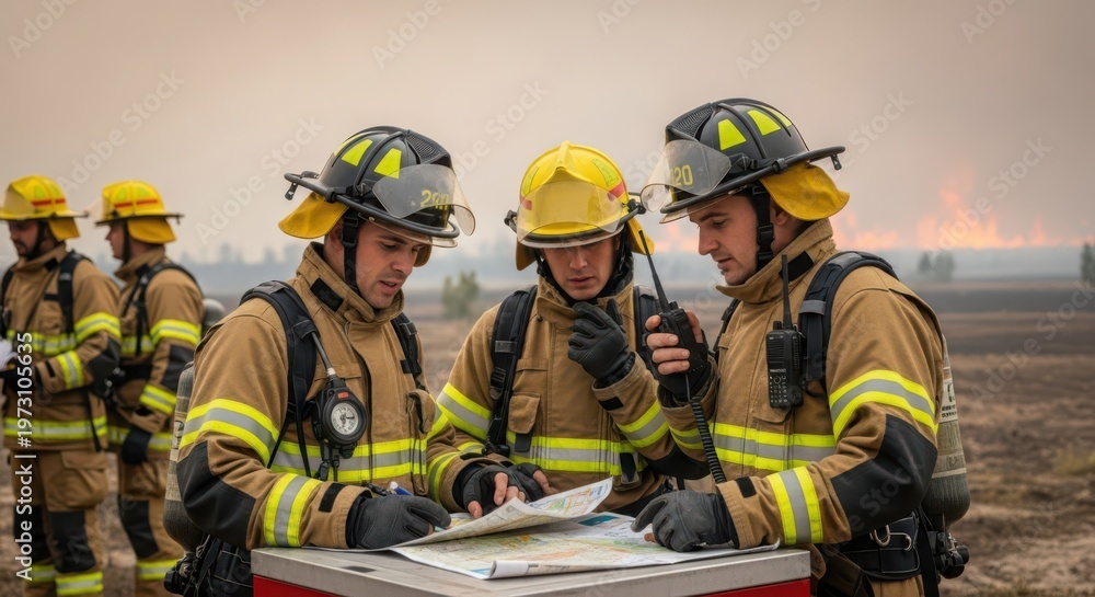 Fototapeta premium Three Firefighters Strategizing with a Map During an Emergency Operation Outdoors