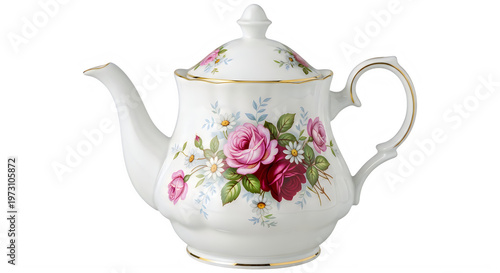 Vintagestyle white teapot with floral design and gold trim transparent background