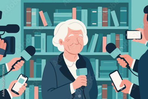 Speaker at podium with microphone surrounded by reporters in professional attire, press conference scene, stylized vector illustration.