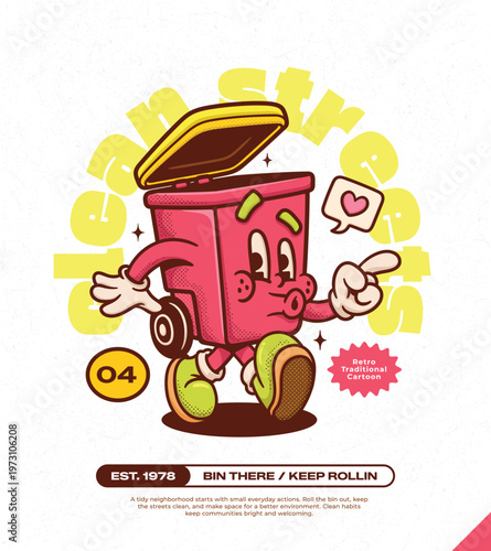 Trash Can Trendy Retro Cartoon Vector Hand Drawn 4