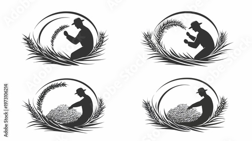 Four monochrome illustrations of a farmer, surrounded by wheat, representing hard work or prayer