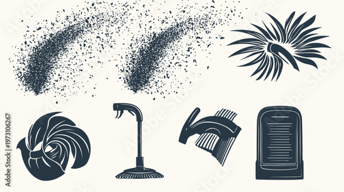 Black and white illustration featuring abstract shapes, a flower, objects with a light background
