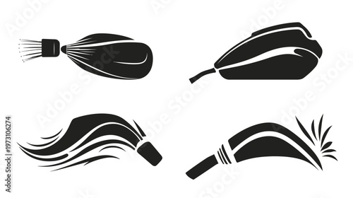 Black and white graphic of four shapes elongated, rounded, stylized with smooth curves