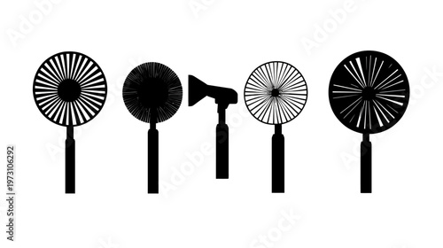 Black silhouette images of hand fans, some with striped designs, and a hairdryer