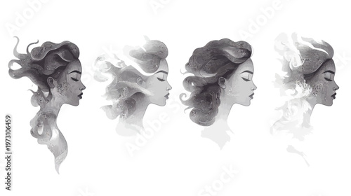A grayscale artwork featuring four profile portraits of a woman, resembling wisps of smoke