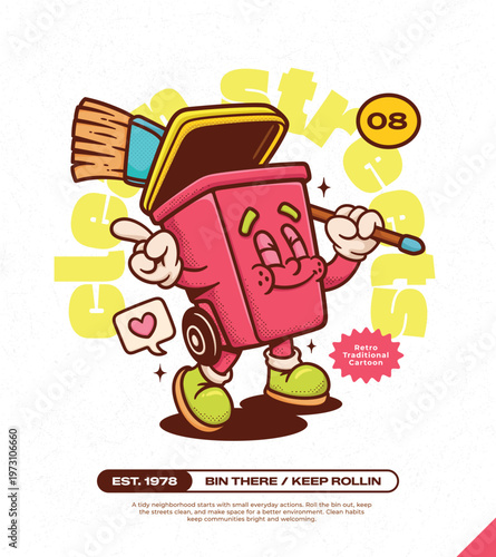 Trash Can Trendy Retro Cartoon Vector Hand Drawn 8