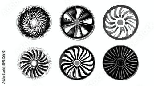 Six black and white circle drawings of radial turbine designs on a plain white background