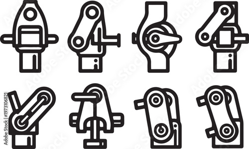 Eight simple line-drawn robots standing in two rows Vector
