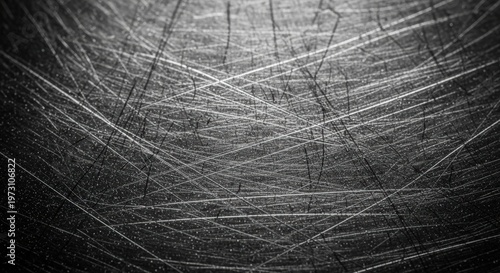 Close-up of a dark, heavily scratched and textured metallic surface with intersecting linear marks creating a distressed grunge background.