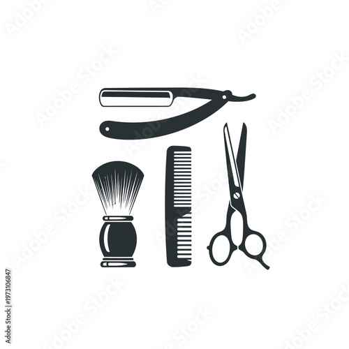 Barber Tools Set: Straight Razor, Shaving Brush, Comb, Scissors - Vintage Style