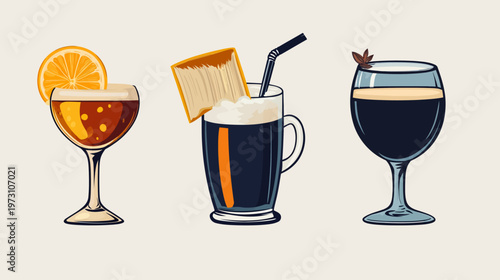 Illustration featuring three distinct cocktails in elegant glassware, each with unique garnishes and visual appeal