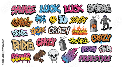 Graffiti lettering set with street art elements, spray paint cans, skull, skateboarder, and fire icons