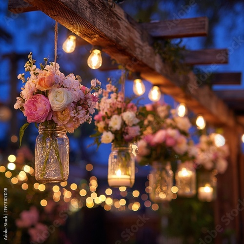 Wooden beam with illuminated light bulbs and transparent vases with roses hanging from it. Blurred background with lights