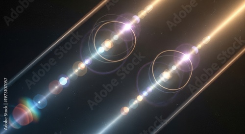 Abstract digital background with two bright diagonal light streaks and colorful lens flares on a dark backdrop.