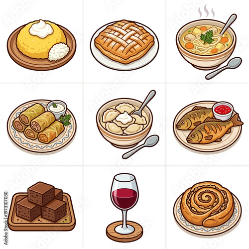 Traditional Eastern European and Romanian food icons collection isolated on white background vector illustration
