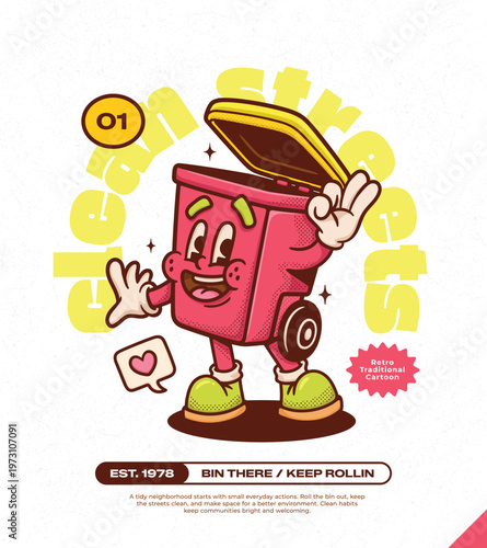 Trash Can Trendy Retro Cartoon Vector Hand Drawn 1