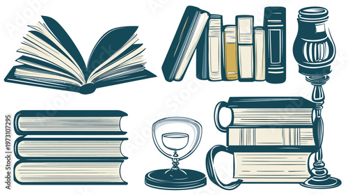 Assortment of literary elements and objects, books in various arrangements on white background
