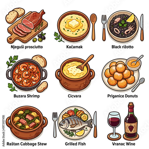 Traditional Montenegrin cuisine food set isolated on white background cartoon vector illustration