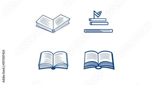 Blue line art illustrations of books, open and closed, with a flag and stacked books on white background