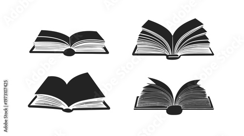 Four black and white illustrations of open books, with varying degrees of page flipping and angles
