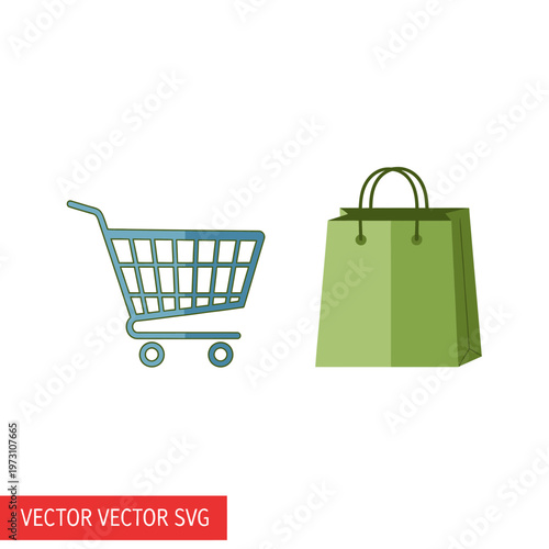Shopping Cart and Green Paper Bag Icons on White Background - Vector Illustration