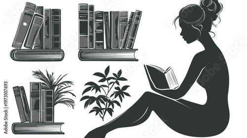 Monochrome illustration features a woman reading, books and plants on a white background
