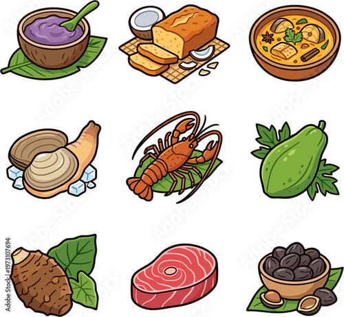 Traditional Polynesian and Hawaiian food icons set on white background vector illustration