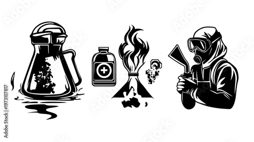 Silhouetted lab flask with bubbles, medical bottle, erupting volcano, and hazmat-suited person