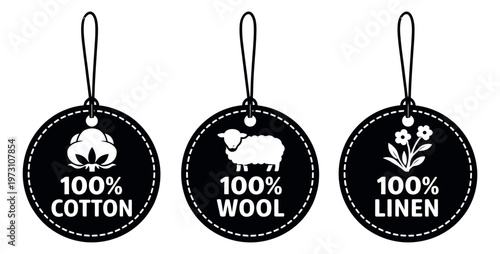 Simple icon tags set featuring cotton, wool, and linen symbols for textile product labeling