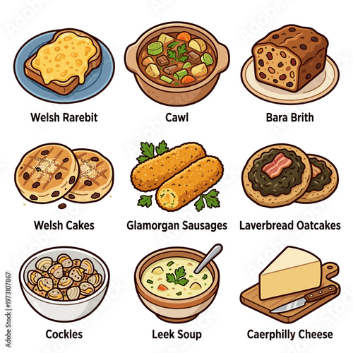 Traditional Welsh food collection set with labeled dishes vector illustration