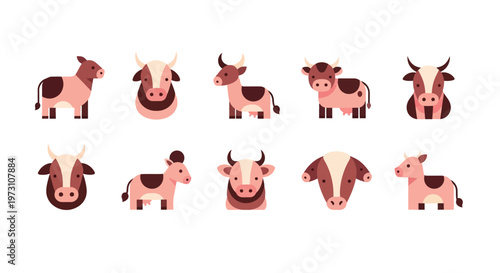Cows are standing and facing various directions in a field illustration.