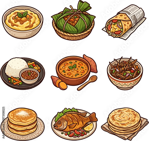 African cuisine food collection isolated on white featuring chapati vector illustration